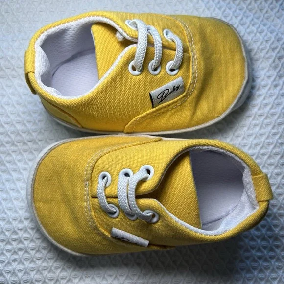 Baby Yellow Sneakers Slip on Size 3 Soft Sole Newborn Unisex Crawling Shoes - Picture 2 of 6